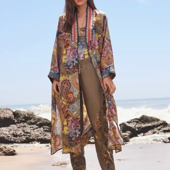 Johnny Was Tops - NWT Johnny Was Sandalwood Tove Silk Kimono Robe Duster Coat Self Belt Embroidery